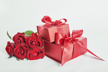 Valentine's day greeting card. Flowers and gifts boxes on white background. Happy birthday and mother's day template.