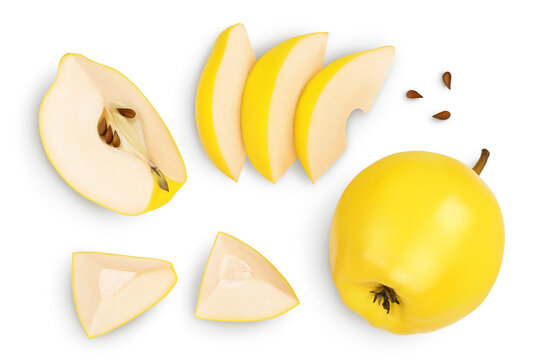 Fresh quince with half and slices isolated on the white background with clipping path and full depth of field. Top view. Flat lay