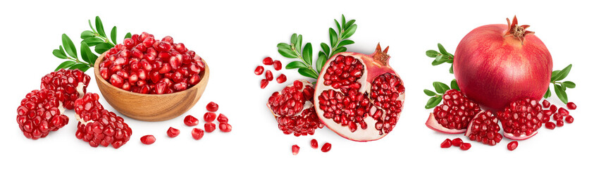 Pomegranate with leaf isolated on white background with clipping path and full depth of field. Set or collection