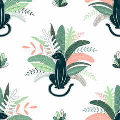 Zwarte wilde panter grote kat in jungle bladeren illustratie vector naadloze patroon. Leuke decoratieve regenwoud dieren in het wild doodle tekening achtergrond