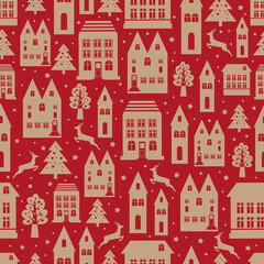Ancient city seamless color pattern with old buildings for wallpaper or background design on red. Christmas and new year winter background.