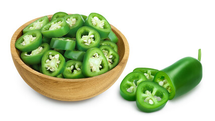 sliced jalapeno pepper in wooden bowl isolated on white background. Green chili pepper with clipping path and full depth of field.
