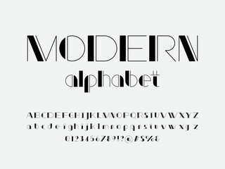 Modern stylized alphabet design with uppercase, lowercase, numbers and symbol