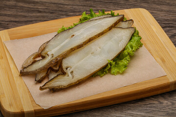 Delicous smoked halibut slices snack