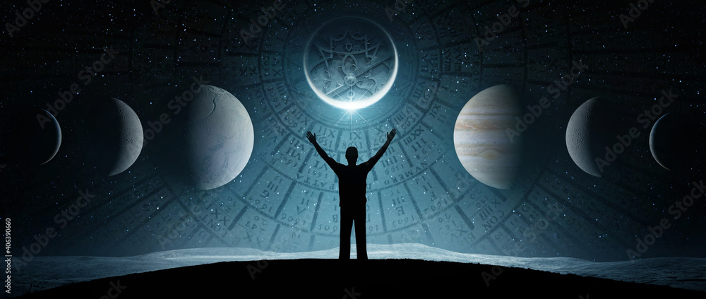 Canvas Prints man against background of starry sky, planet and background of ancient astronomical instruments. con