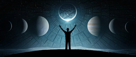 Man against background of  starry sky, planet and background of ancient astronomical instruments....