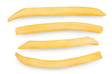French fries or fried potatoes isolated on white background with clipping path. Top view. Flat lay. Set or collection