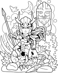 cute valkyrie sitting on a skull, coloring book, funny illustration