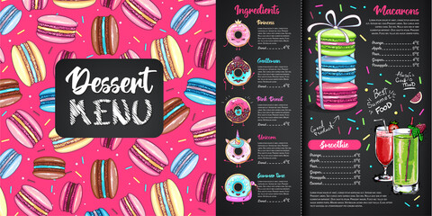 Chalk drawing dessert menu design with sweet french macaroons