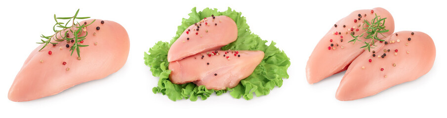 Fresh chicken fillet isolated on white background with full depth of field. Set or collection