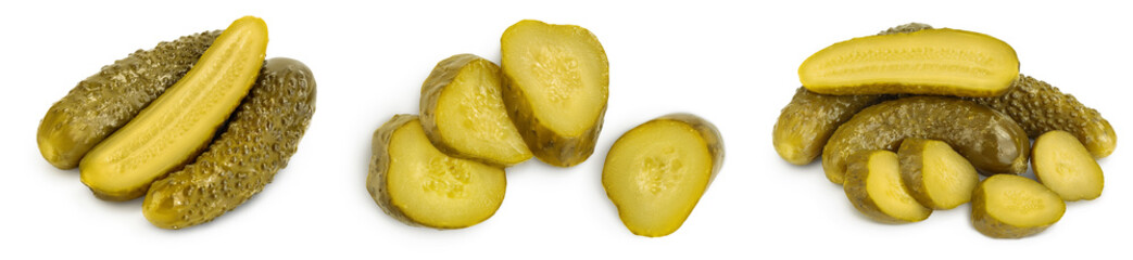 Marinated pickled cucumber isolated on white background with full depth of field. Set or collection