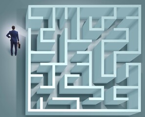 Businessman is trying to escape from maze labyrinth