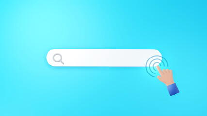 Minimal blank search bar and hand is clicking on blue background. 3D illustration. 3D rendering