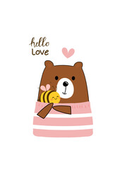 Bear, bee cartoon and hand lettering on white background vector illustration. Valentine's day elements.