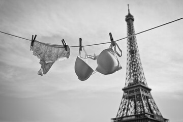 Woman's panties and bra hanging on clothes lines. Romantic card from Paris France. From Paris with...