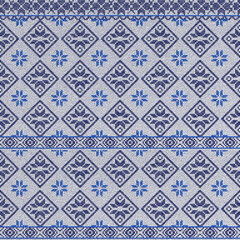 Embroidered good cross-stitch pattern for embroidery. Ukrainian ethnic ornament. ethnic handmade embroidery in blue color. 3D-rendering