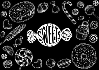 Set of sweets. Isolated on white background. Hand drawn vector illustration. Black and white candies set. Vector illustration in sketch style.