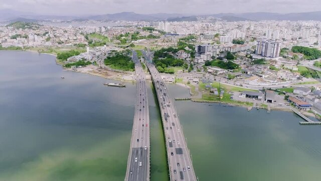 Aerial view Florianopolis, Brazil bridge. 4K.