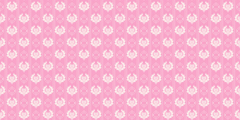 Damask Ornament. White floral ornament on pink background. Seamless wallpaper texture. Vector graphics