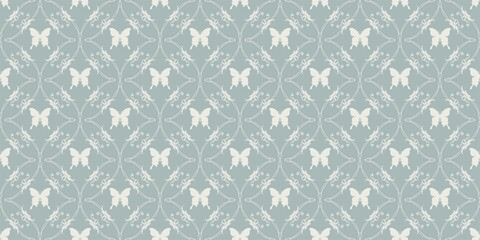 Background pattern in retro style ornament with butterflies. Seamless wallpaper texture. Vector image