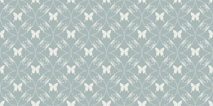 Background pattern in retro style ornament with butterflies. Seamless wallpaper texture. Vector image