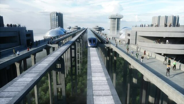 futuristic train station with monorail and train. traffic of people, crowd. Concrete architecture. Future concept. Realistic 4k animation.
