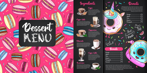 Chalk drawing dessert menu design with sweet french macaroons