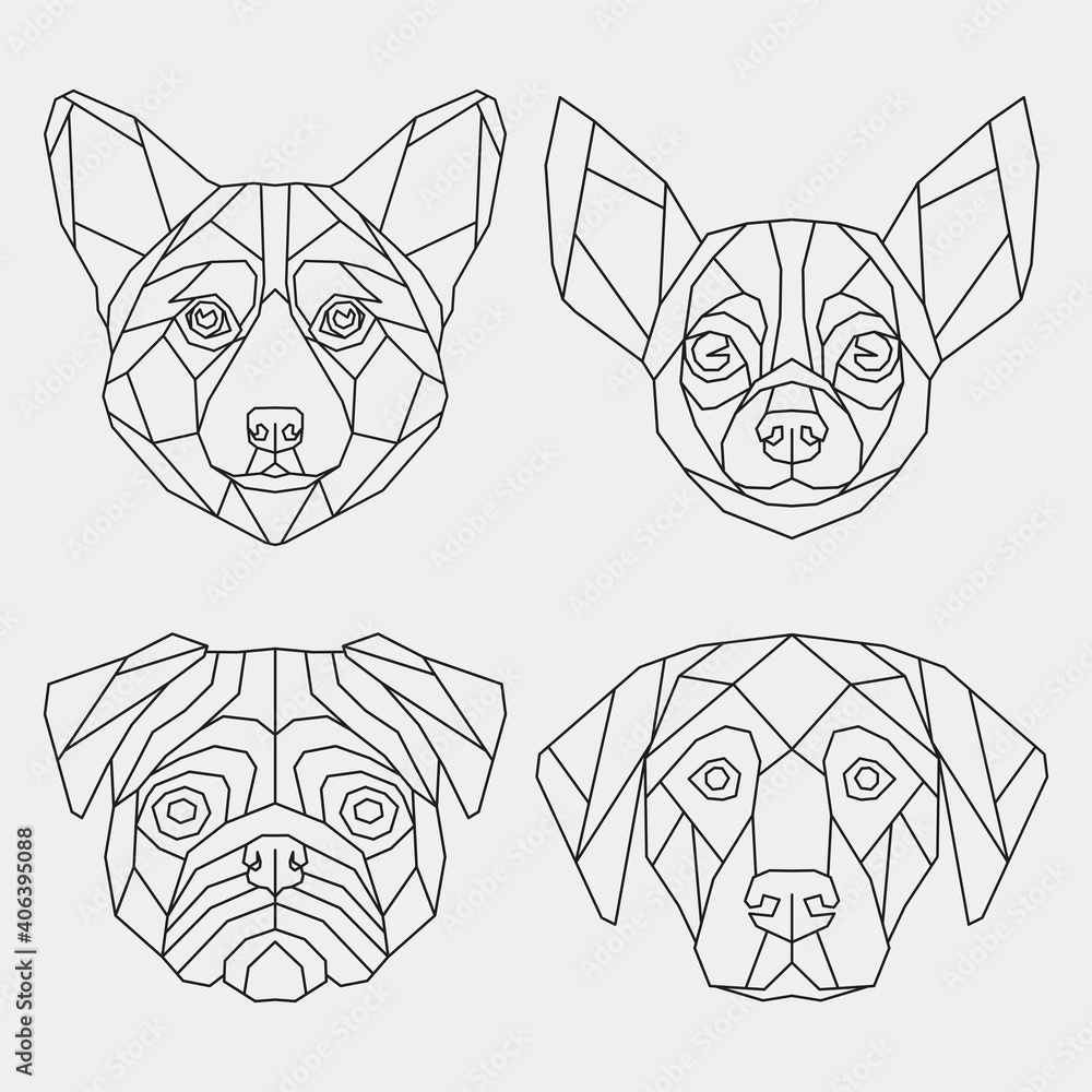 Wall mural abstract polygonal head chihuahua, corgi, pug, labrador. set geometric linear dogs. vector.