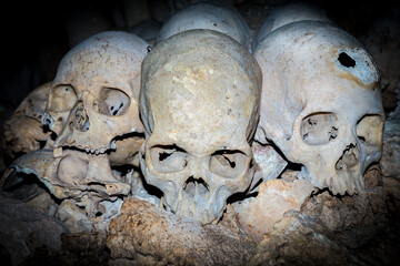 Skulls in cannibal skull cave in Papua New Guinea  - obrazy, fototapety, plakaty