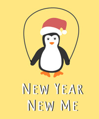 New Year New Me. Cute penguin working out new year cards. Healthy lifestyle concept. 