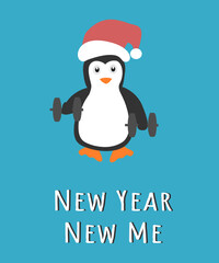 New Year New Me. Cute penguin working out new year cards. Healthy lifestyle concept. 