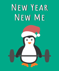 New Year New Me. Cute penguin working out new year cards. Healthy lifestyle concept. 