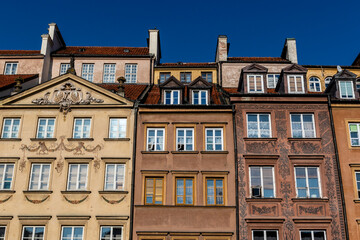 Facades of colorful old Medieval houses in Stare Miasto (Warsaw Old Town), Warsaw, Poland - Europe