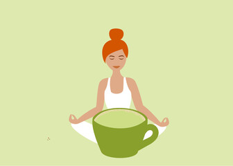 Fit woman doing yoga with a cup of green healthy tea. Girl dressed in white symbolizing a healthy, Zen lifestyle