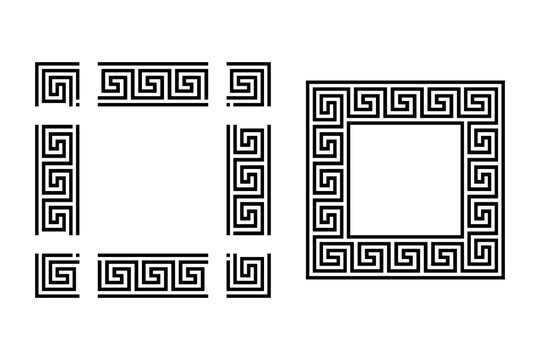 Template for seamless meander design, with an already assembled square frame. Separate parts to construct a rectangle or square frame with meander pattern of any size. Greek key. Illustration. Vector.