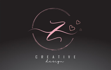 Handwritten Z Letter Logo Design with Dust Pink Watercolor Ring and Outline Hearts.