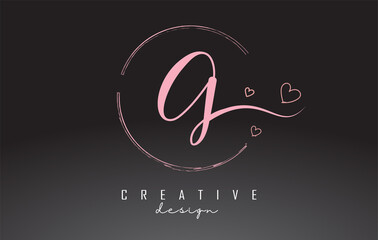 Handwritten G Letter Logo Design with Dust Pink Watercolor Ring and Outline Hearts.