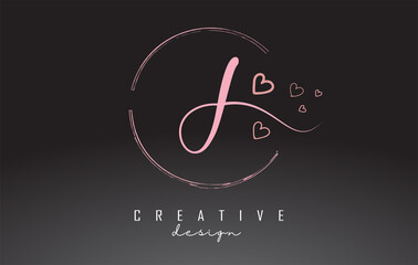 Handwritten J Letter Logo Design with Dust Pink Watercolor Ring and Outline Hearts.
