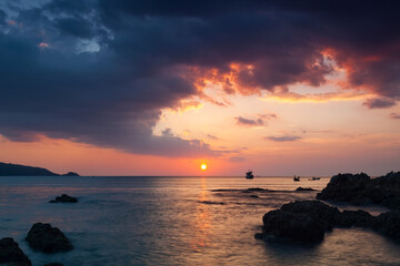 Fototapeta premium Seascape during storm clouds and sunrise or sunset. Natural seascape in the Thailand