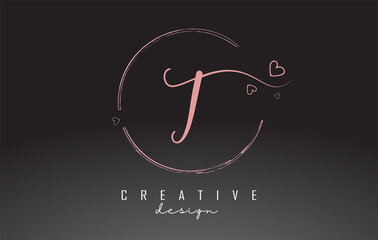 Handwritten T Letter Logo Design with Dust Pink Watercolor Ring and Outline Hearts.