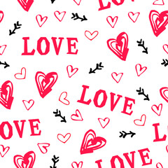 Seamless pattern with word Love, hand drawn style hearts. Vector illustration for textiles and fabrics, wallpapers, Valentine's day.