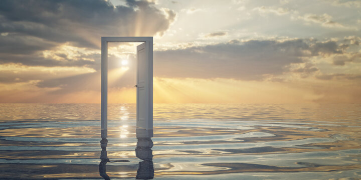A white door on the water, beautiful sunset background, 3d rendering 