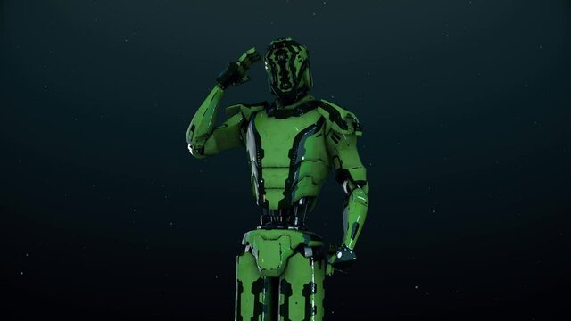 Futuristic Humanoid Warrior Cyborg Robot Giving Army Salute 4k. High quality 4k footage