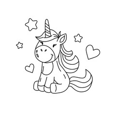 Black and white drawing of a cute unicorn. Clip art. Suitable for postcards, flyers, banners, invitations. Vector illustration for art therapy, antistress coloring book for adults and children.