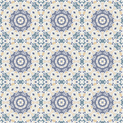 Creative trendy color abstract geometric mandala pattern in beige blue yellow, vector seamless, can be used for printing onto fabric, interior, design, textile, carpet, rug.