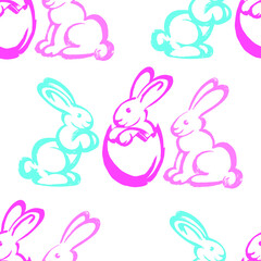 Vector seamless pattern : easter multicolor rabbits and eaggs. Cute cartoon design with  happy spring holiday mood for textile, wallpaper, wrapping paper, notebook cover.
