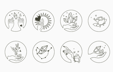 Beauty occult collection with hand,geometric,crystal,moon,flower,star.Vector illustration for icon,sticker,printable and tattoo
