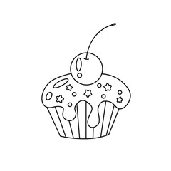 Black-white drawing of a cupcake with cherries. Clip art. Suitable for postcards, flyers, banners, invitations. Vector illustration for art therapy, antistress coloring book for adults and children.