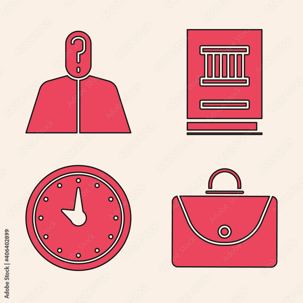 Poster set briefcase, anonymous with question mark, law book and clock icon. vector.