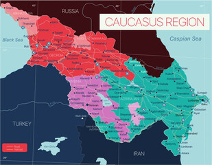 Caucasus region detailed editable map with regions cities and towns, roads and railways. Vector EPS-10 file